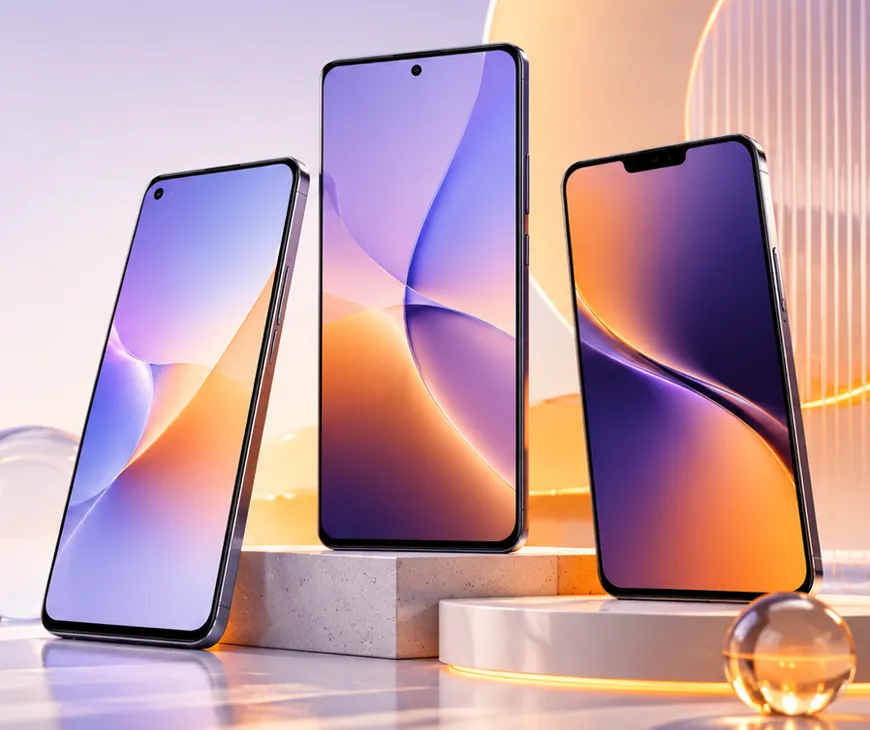 Unbranded smartphones arranged on simple display stands